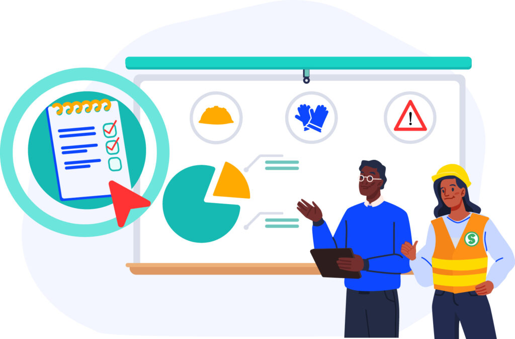 Illustration de deux personnages présentant les risques professionnels avec une checklist pour la mise à jour du DUERP